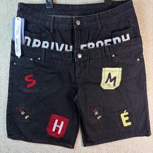 Romwe Shorts Men's 34 Black Denim Double Waistband Patchwork Graphic Hip Hop NEW